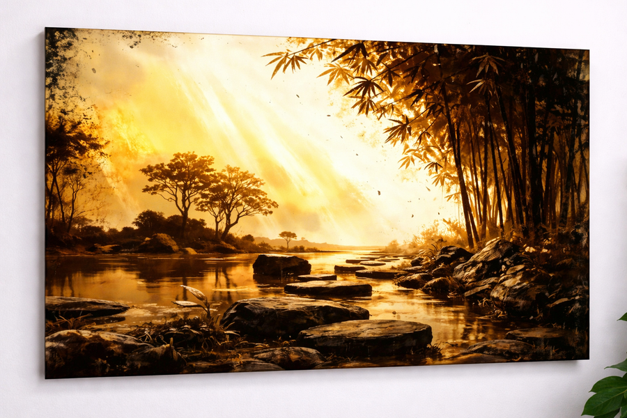 Japanische Landschaft mit Bambus & Sonnenstrahlen | Acrylglas Fine Art Print ZenSaku Studio