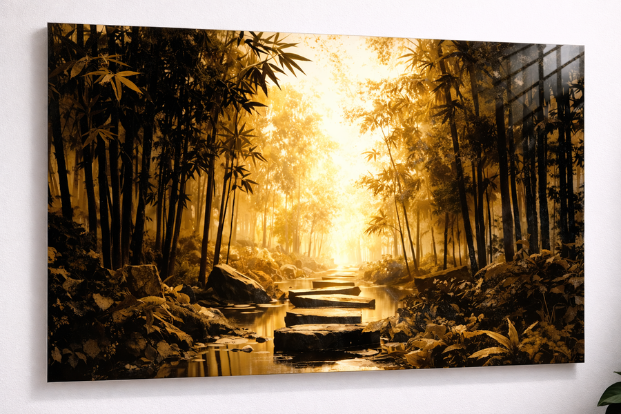Goldener Zen Bambuswald Lichtpfad | Acrylglas Fine Art Print ZenSaku Studio