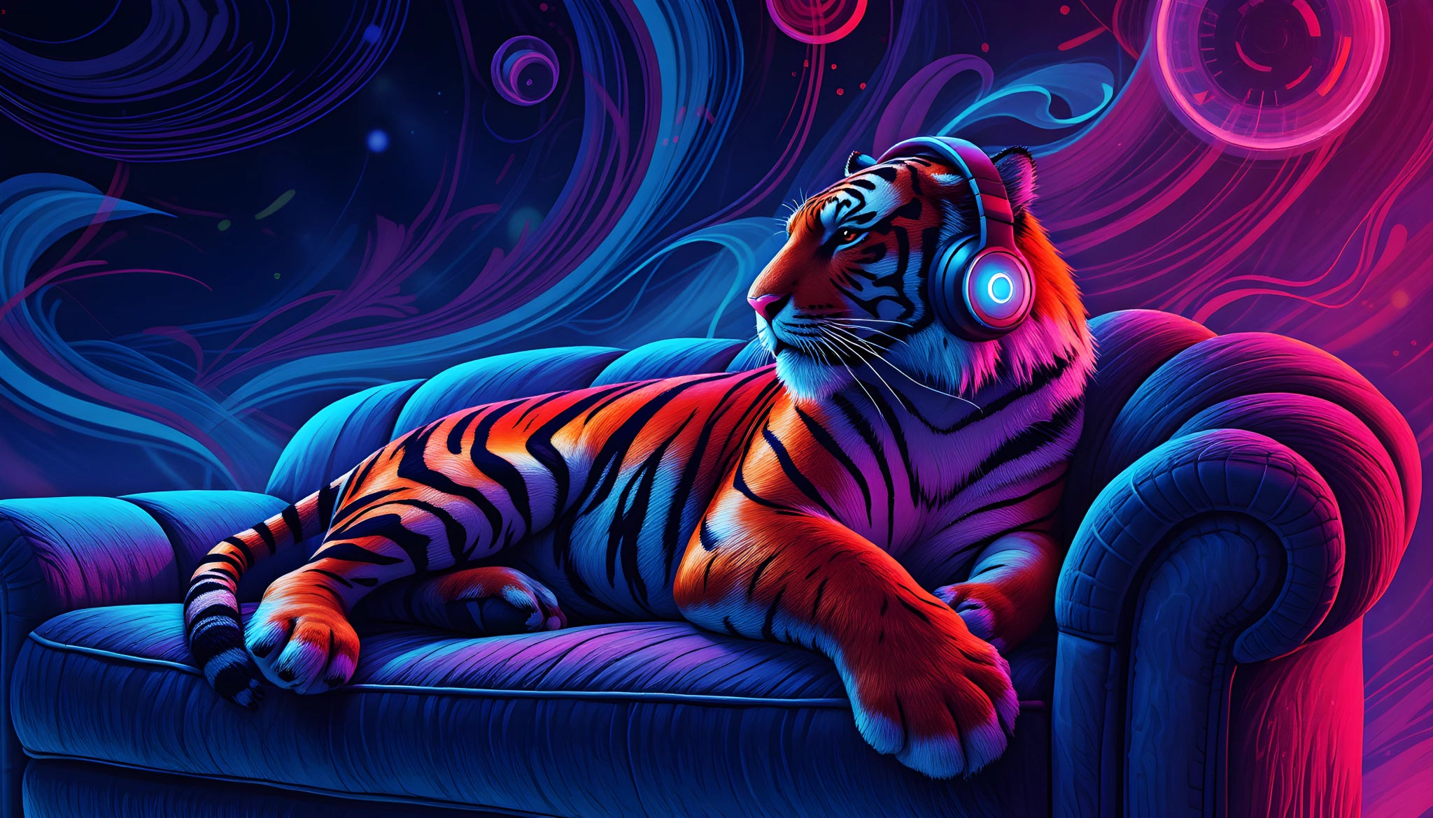 Neon tiger with headphones – acrylic glass wall art for music lovers &amp; modern living