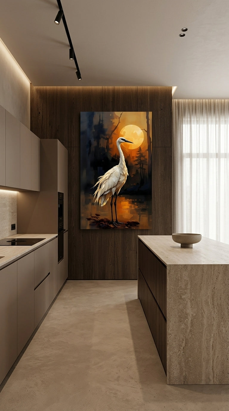 Kranich Aluminium-Dibond – Japanische Wandkunst mit Mond | Crane Metal Wall Art, Japandi Decor