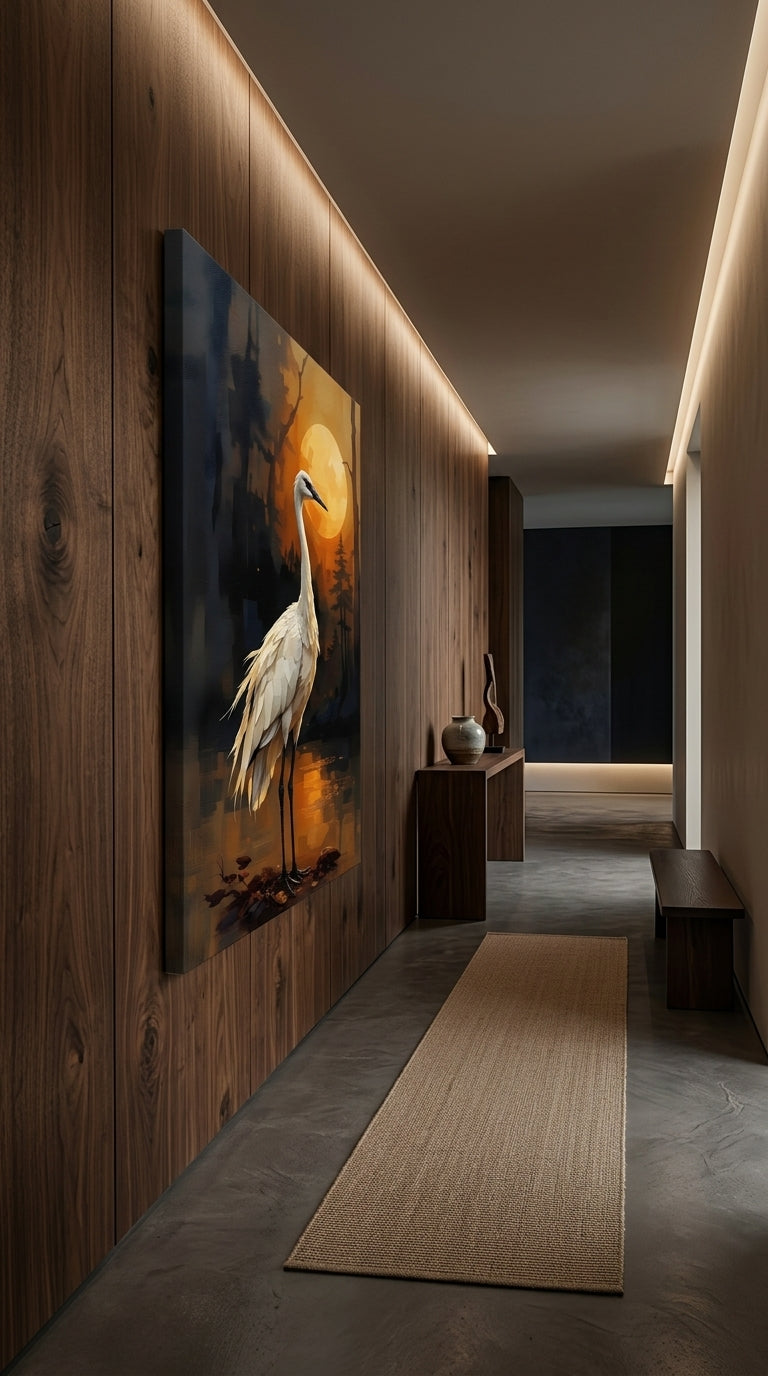 Kranich Leinwandbild – Japanische Wandkunst mit Mond | Crane Canvas Wall Art, Japandi & Zen Decor