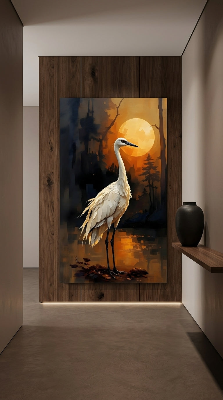 Kranich Aluminium-Dibond – Japanische Wandkunst mit Mond | Crane Metal Wall Art, Japandi Decor