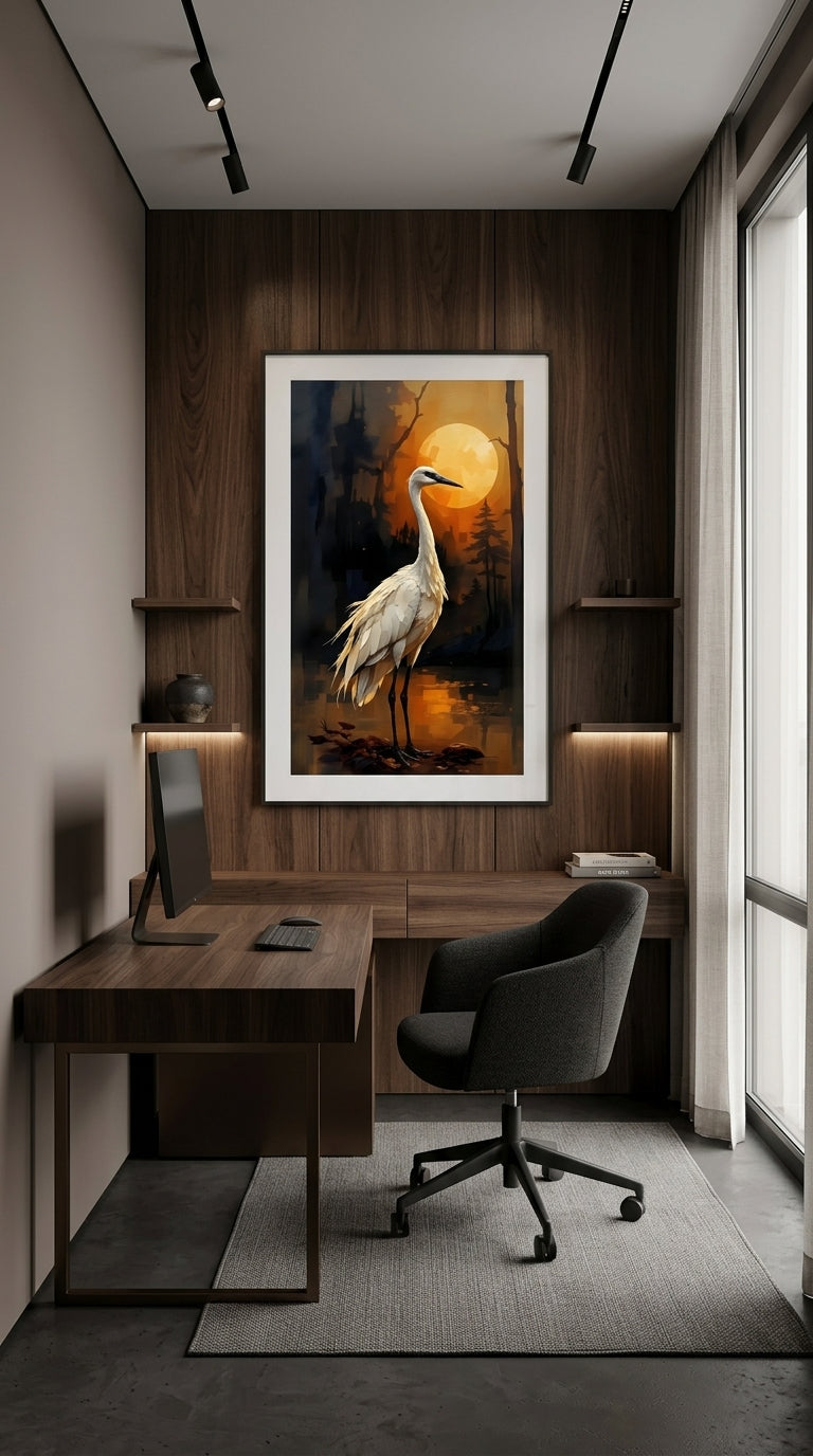 Mondkranich Poster – Japanische Wandkunst in Gold & Schwarz