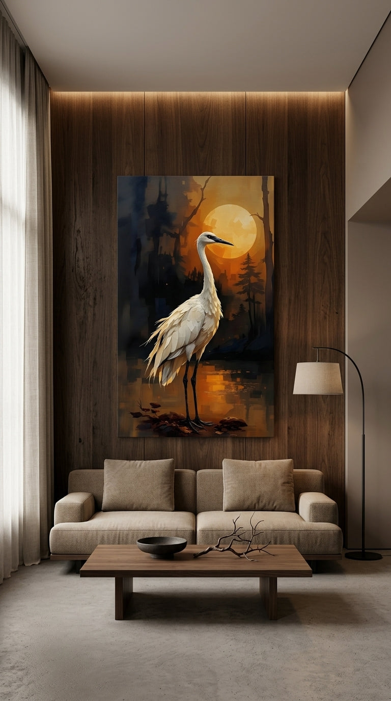Kranich Leinwandbild – Japanische Wandkunst mit Mond | Crane Canvas Wall Art, Japandi & Zen Decor