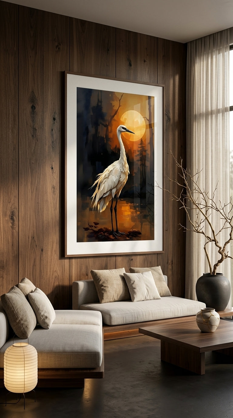 Mondkranich Poster – Japanische Wandkunst in Gold & Schwarz