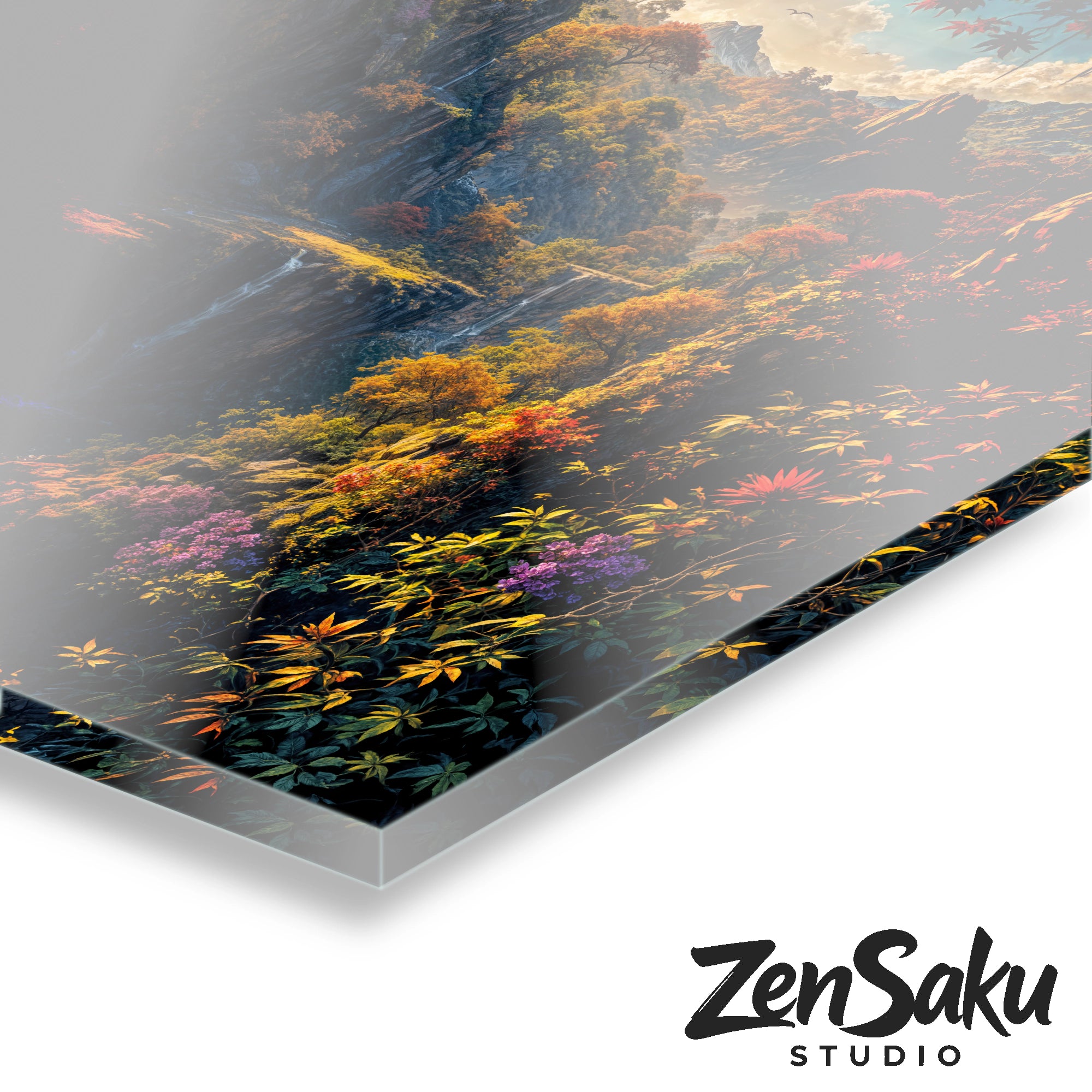 Enchanting fantasy landscape – fairytale nature with waterfall and autumn forest | Acrylic glass wall art by ZenSaku Studio