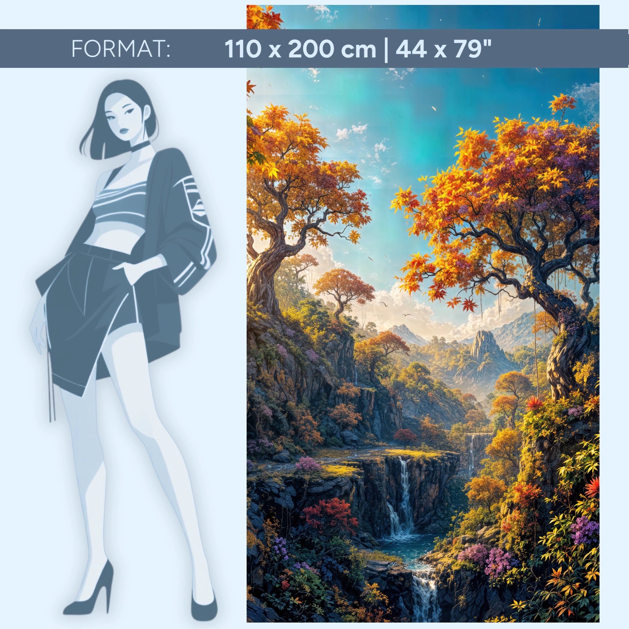 Enchanting fantasy landscape – fairytale nature with waterfall and autumn forest | Acrylic glass wall art by ZenSaku Studio