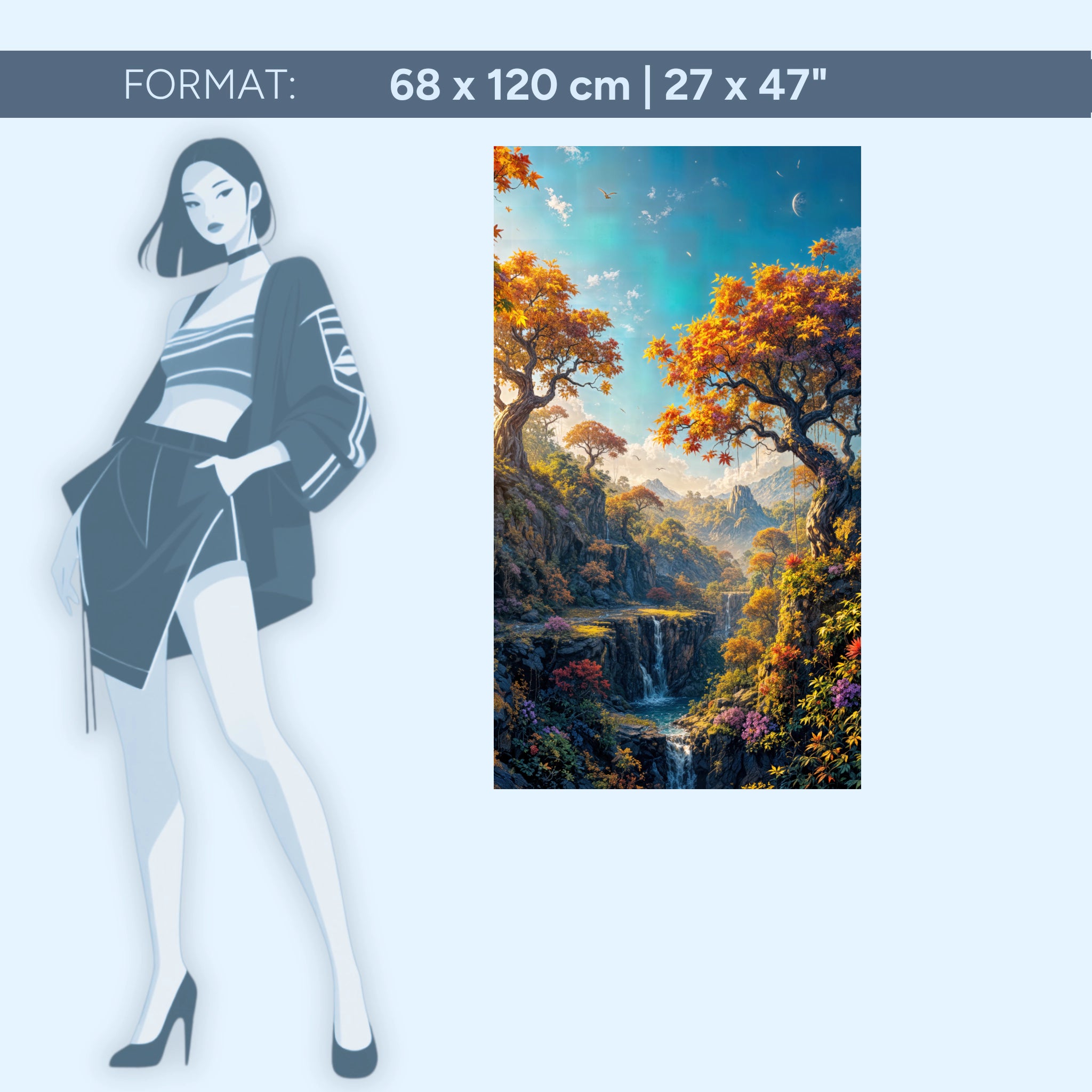 Enchanting fantasy landscape – fairytale nature with waterfall and autumn forest | Acrylic glass wall art by ZenSaku Studio
