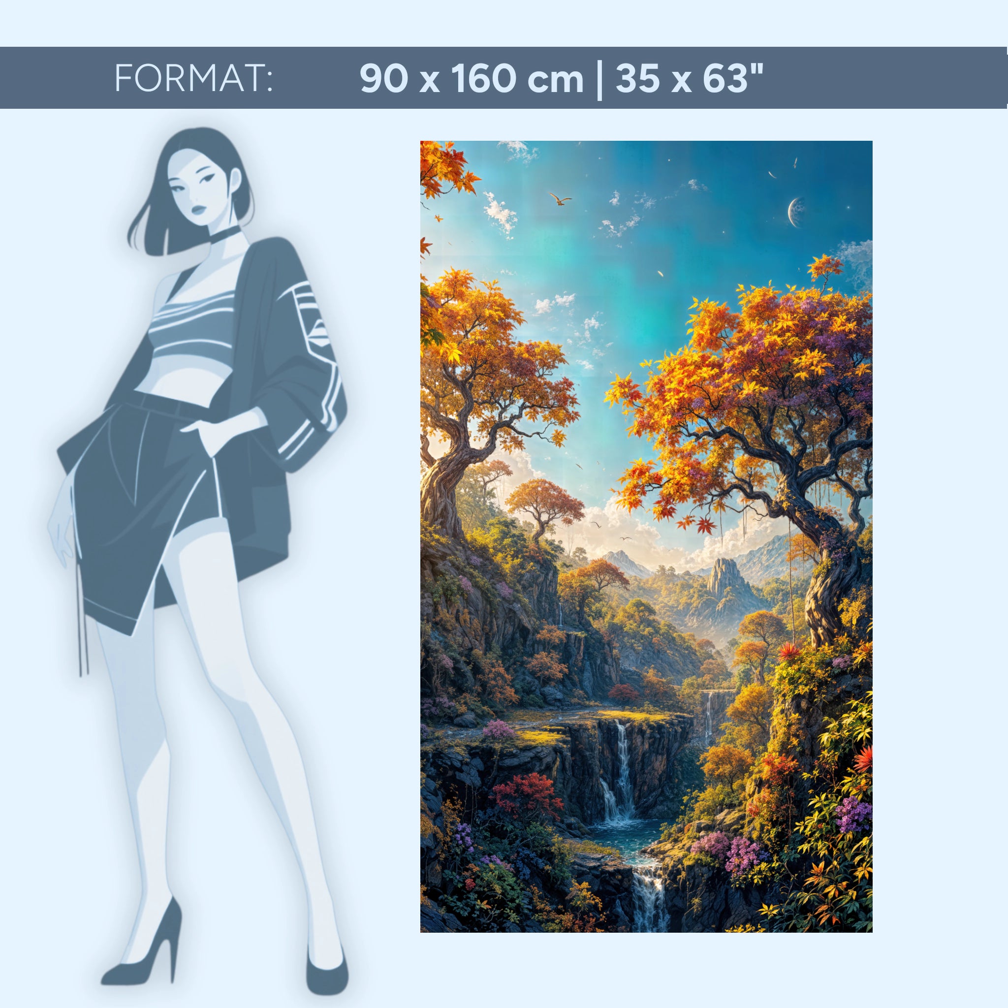 Enchanting fantasy landscape – fairytale nature with waterfall and autumn forest | Acrylic glass wall art by ZenSaku Studio