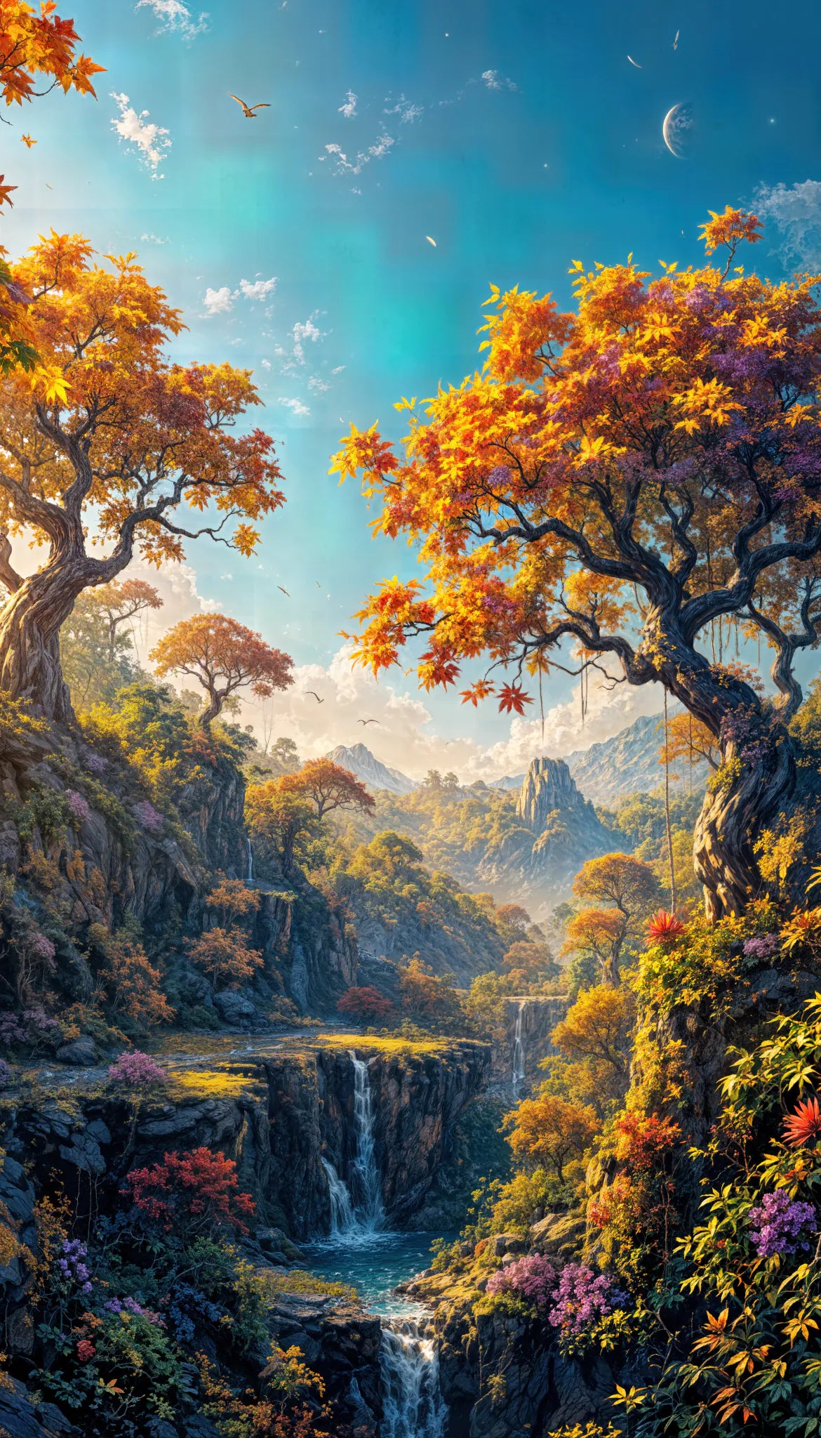 Enchanting fantasy landscape – fairytale nature with waterfall and autumn forest | Acrylic glass wall art by ZenSaku Studio