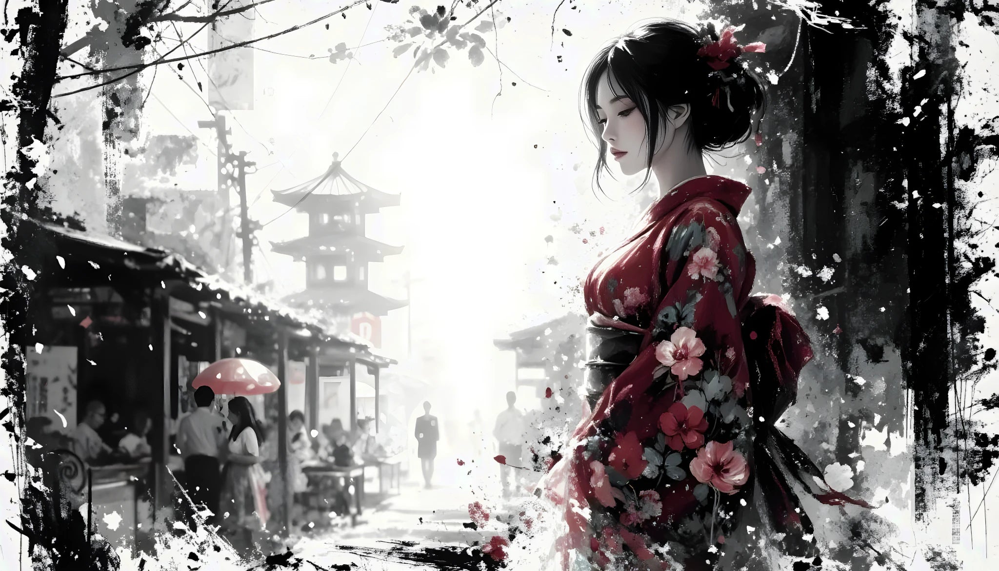 Silent Presence – Japanese Woman in a Red Kimono | Acrylic Glass Wall Art by ZenSaku Studio