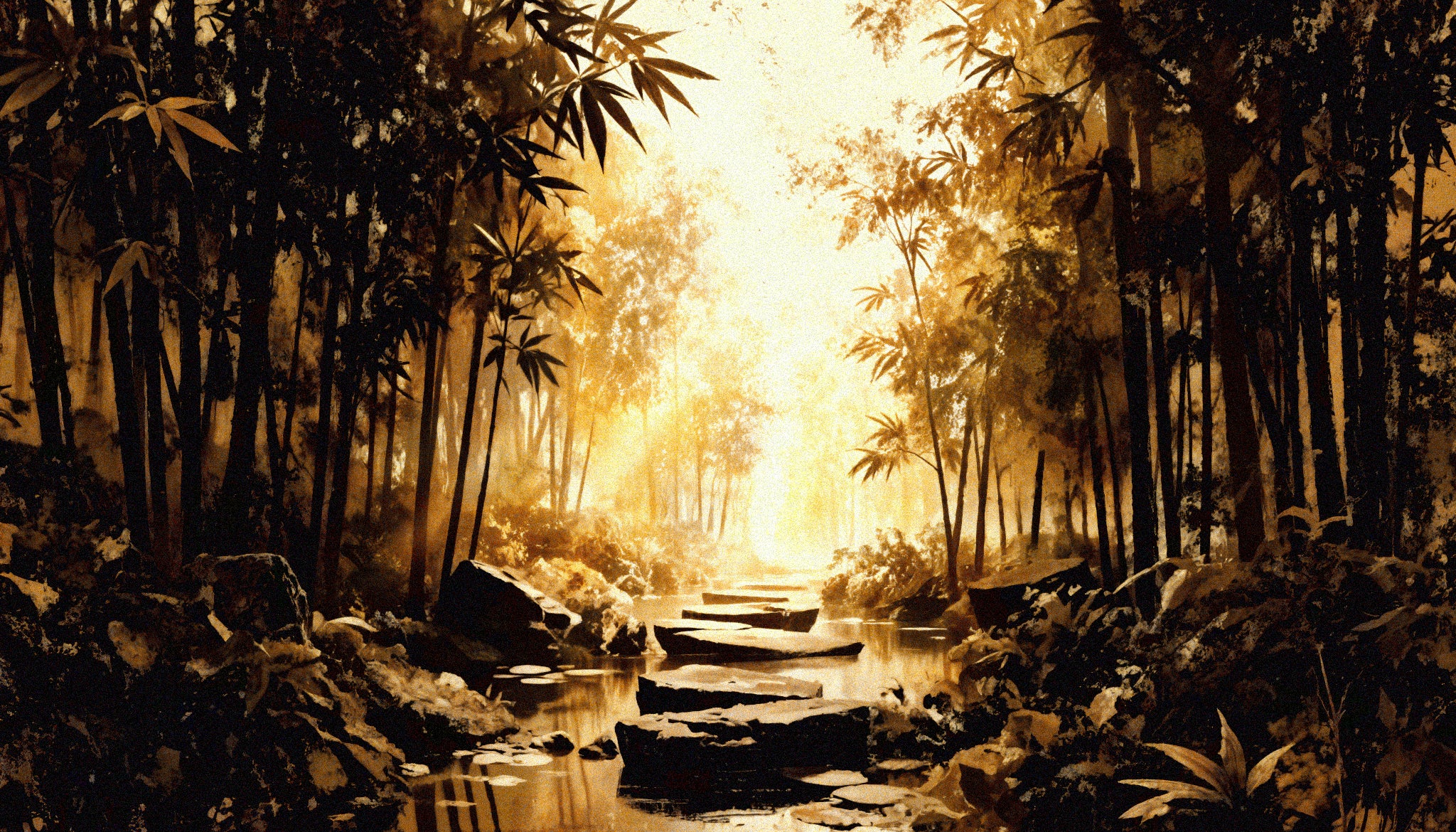 Goldener Zen Bambuswald Lichtpfad | Acrylglas Fine Art Print ZenSaku Studio