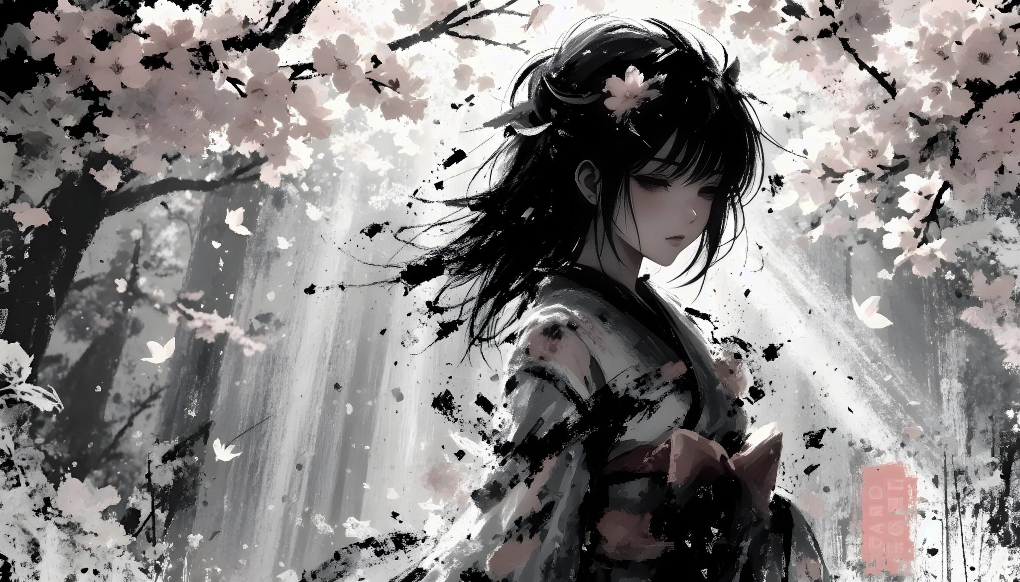 Sakura Shadows – Japanese Anime Aesthetics in Black and White | Acrylic Glass Fine Art Print