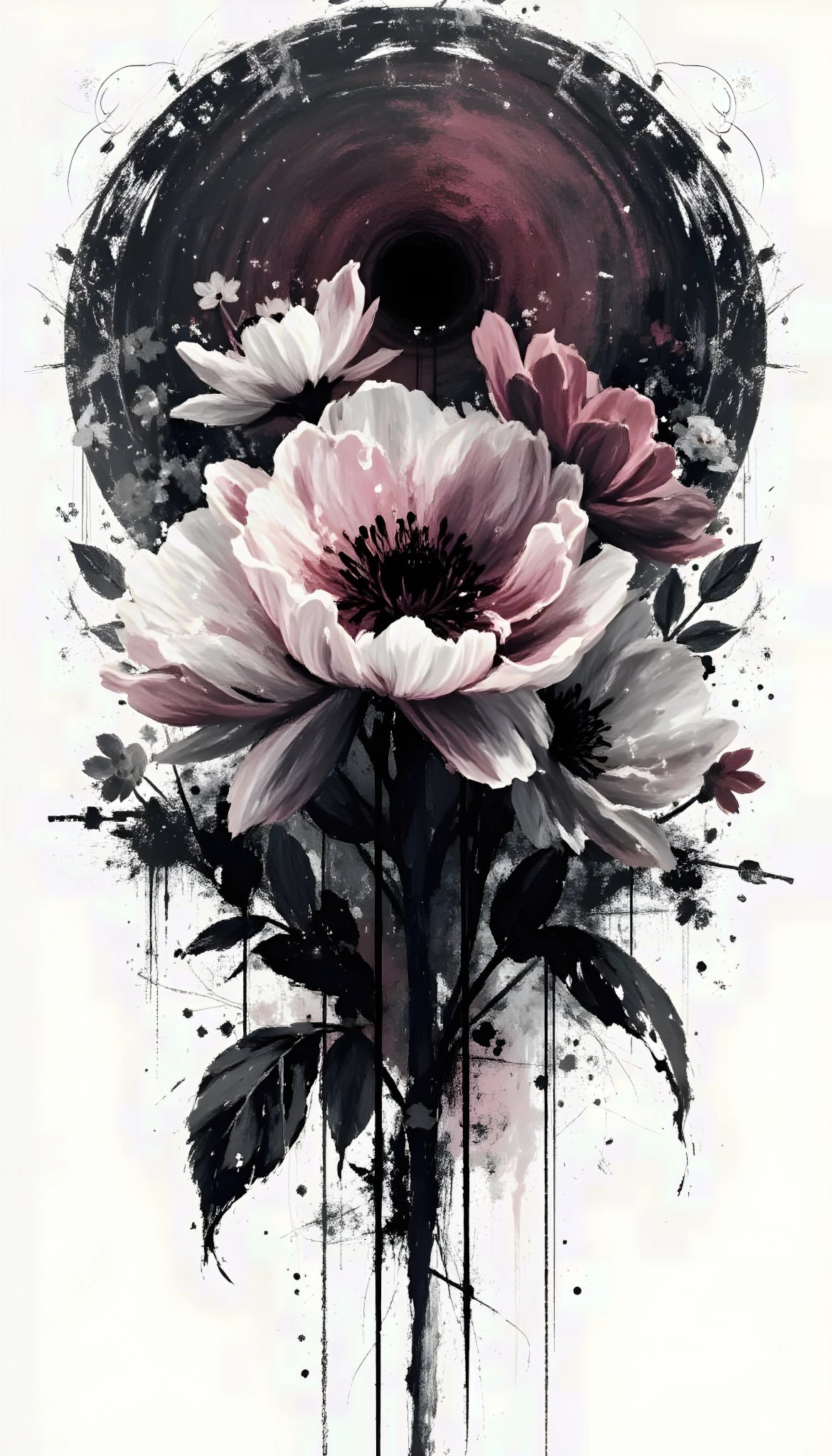 Floraison nocturne – Fleurs sombres dans un cercle de silence | Décoration murale en verre acrylique par ZenSaku Studio