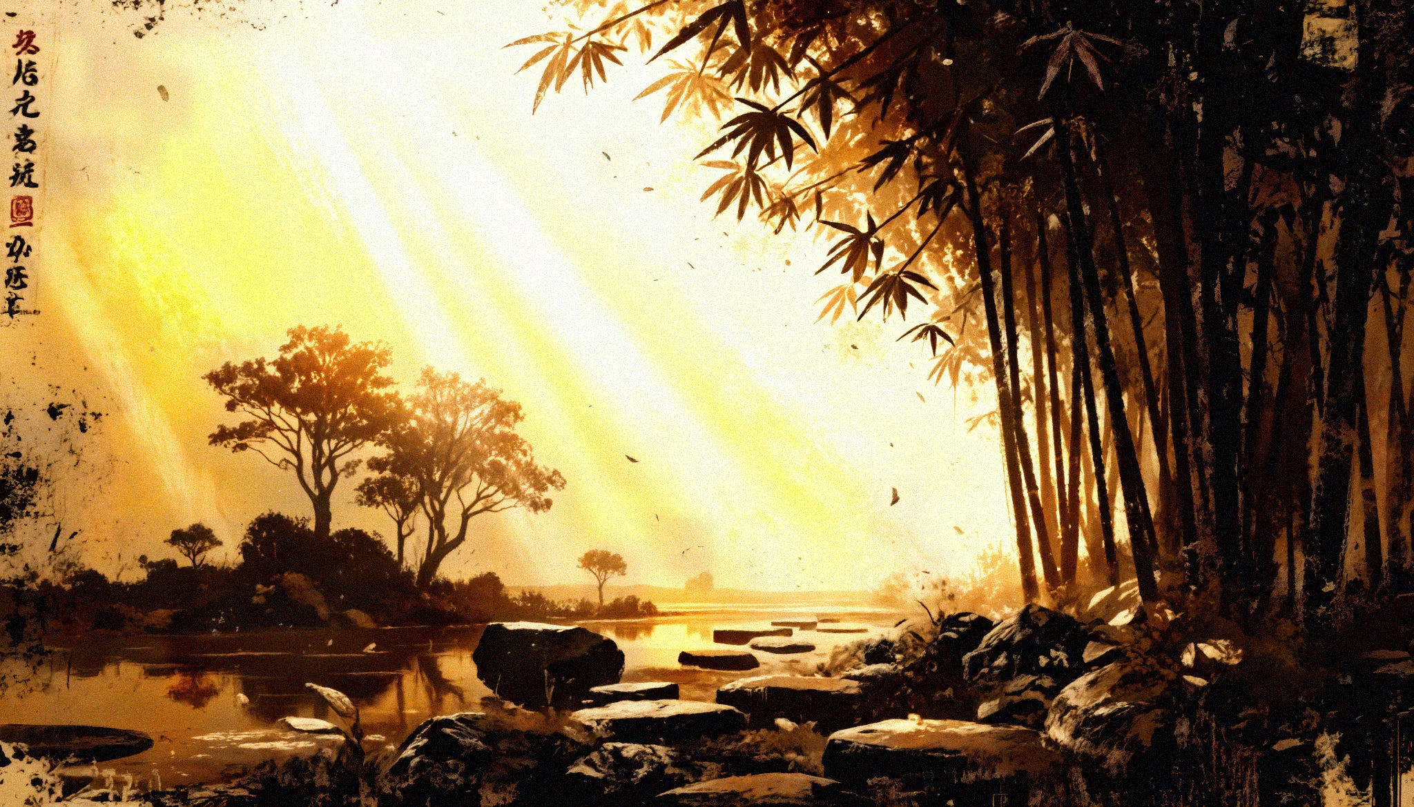 Paysage japonais avec bambou et rayons de soleil | Impression Fine Art en verre acrylique ZenSaku Studio