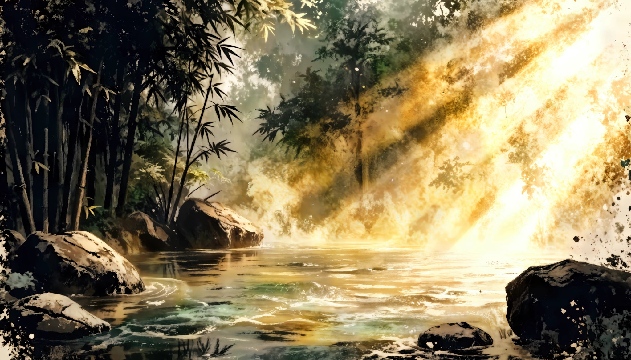Onsen doré dans la forêt de bambous | Impression Fine Art sur Verre Acrylique ZenSaku Studio