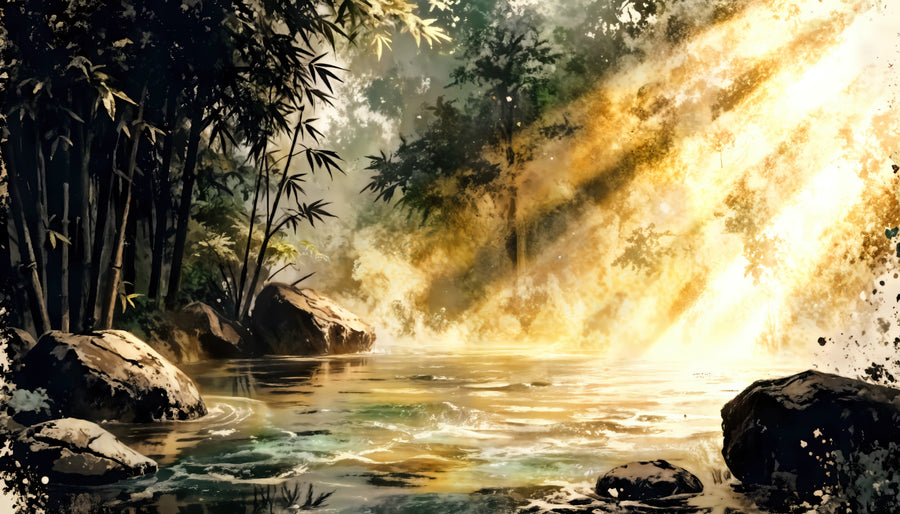 Goldener Onsen im Bambuswald | Acrylglas Fine Art Print ZenSaku Studio