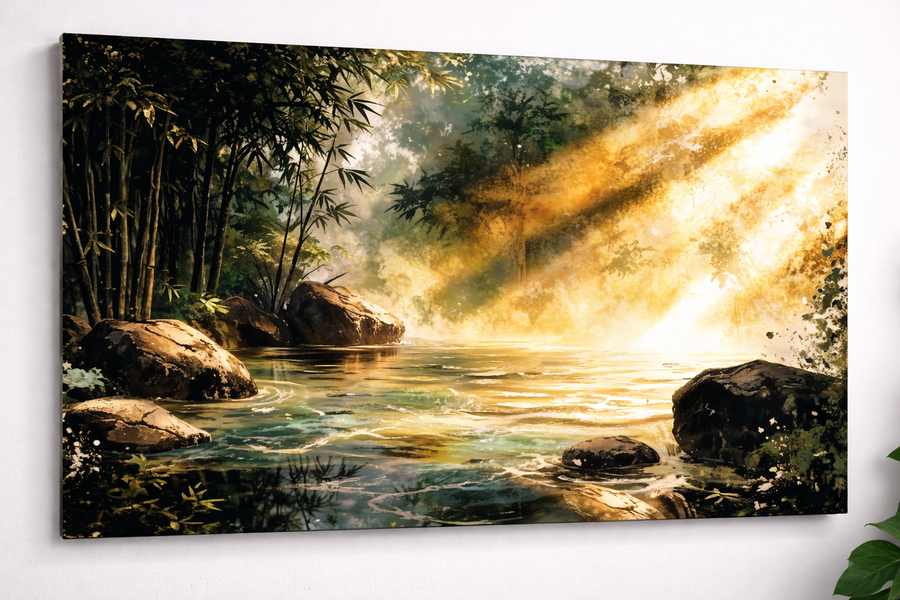Goldener Onsen im Bambuswald | Acrylglas Fine Art Print ZenSaku Studio