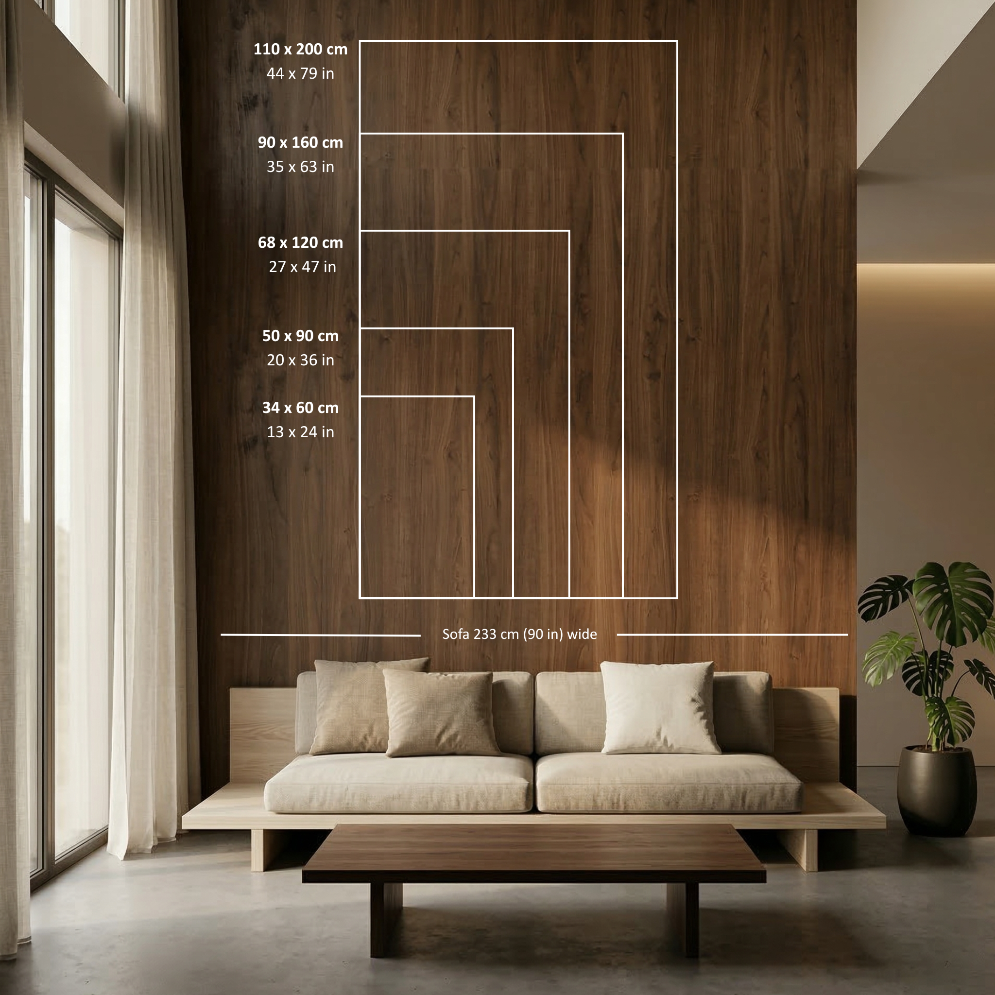Größenvergleich der Hochformat-Acrylglasbilder an einem 233 cm breiten Sofa