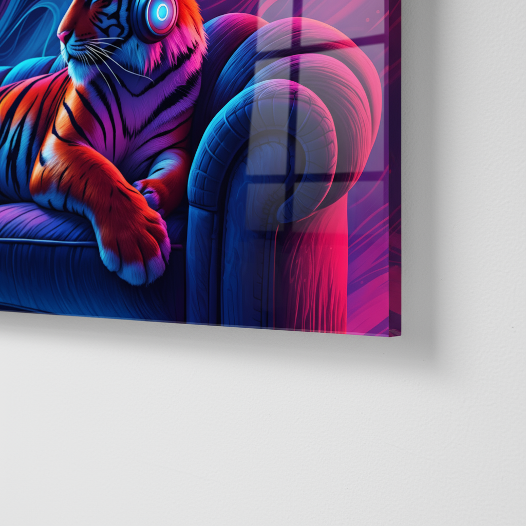 Neon tiger with headphones – acrylic glass wall art for music lovers &amp; modern living