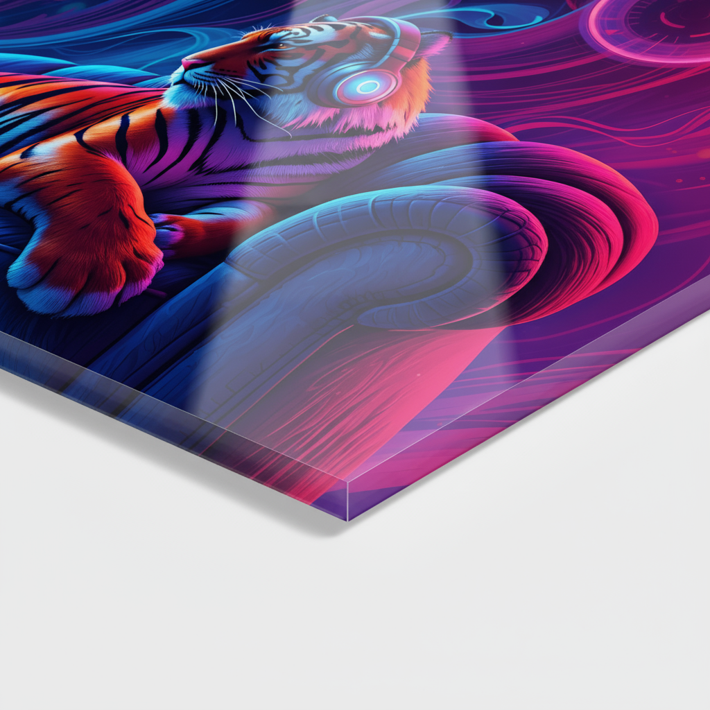 Neon tiger with headphones – acrylic glass wall art for music lovers &amp; modern living