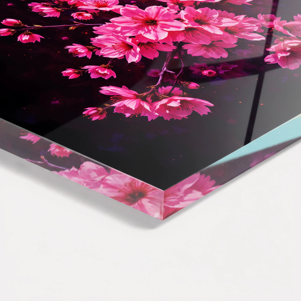 Acrylic wall mural cherry blossoms pink on black – modern floral artwork for living room &amp; bedroom