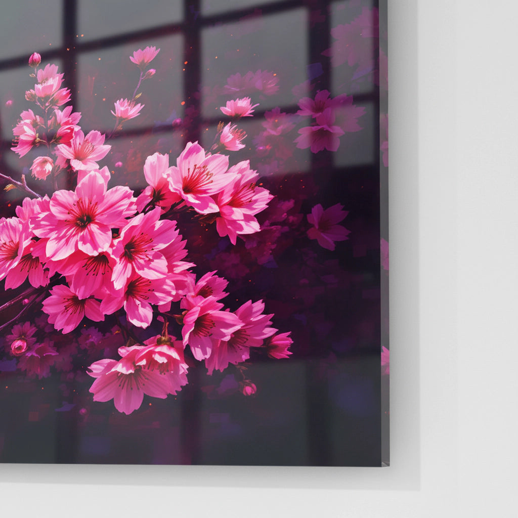 Acrylic wall mural cherry blossoms pink on black – modern floral artwork for living room &amp; bedroom