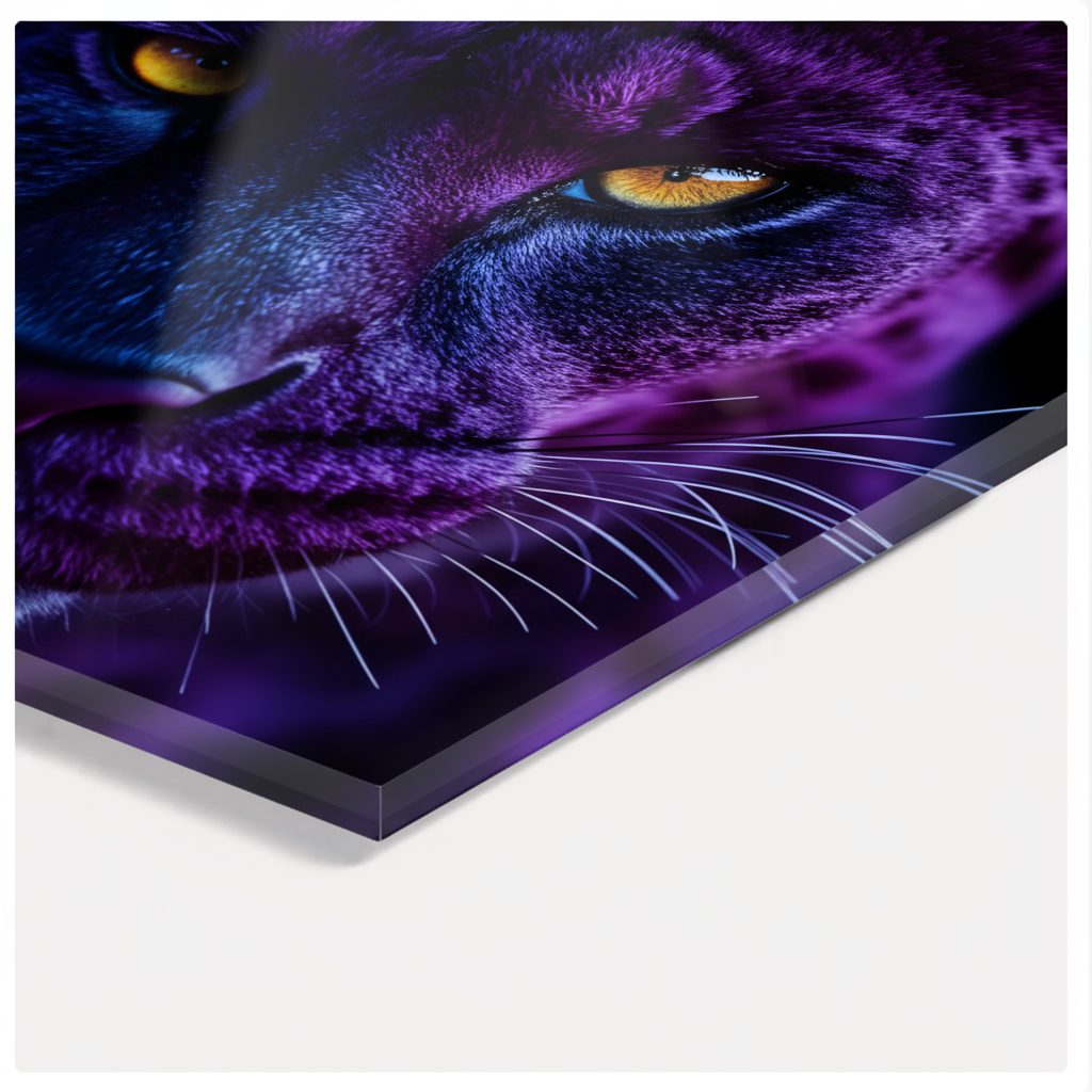Mystical big cat acrylic wall art – Panther eye in violet blue – Powerful animal portrait for the living room