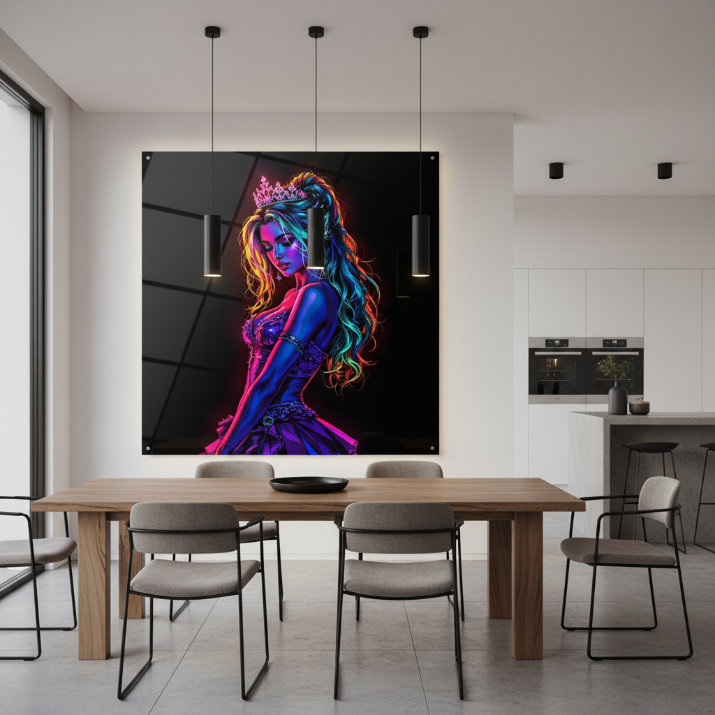 Neon Königin – Glamouröse Fantasy Kunst als Acrylglasbild in leuchtenden Farben