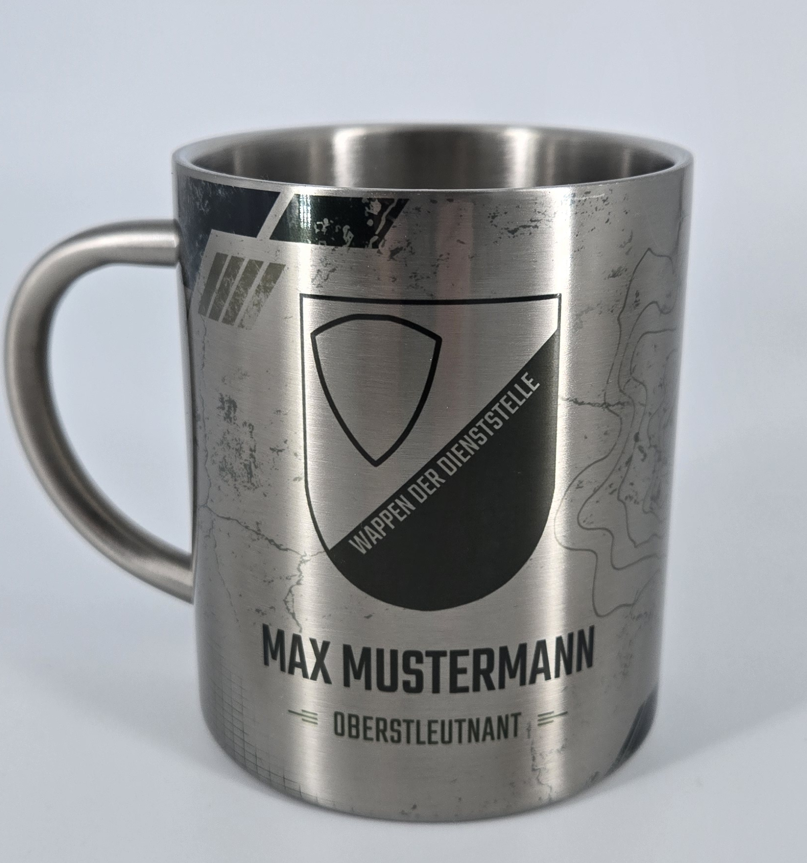 Personalisierte Edelstahltasse mit Dienststellenwappen, Name und Dienstgrad