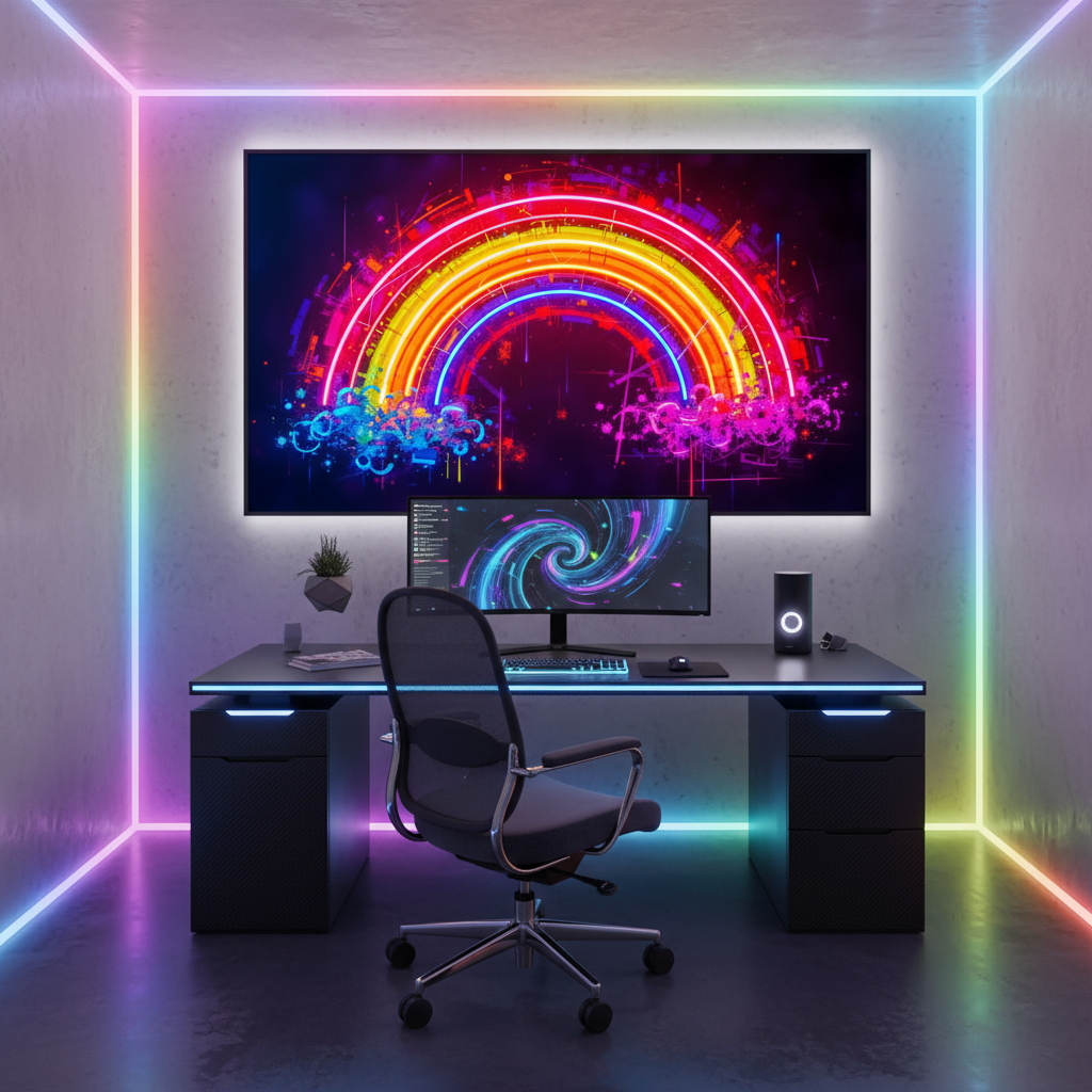 Neon rainbow mural on acrylic glass – futuristic art in bright colors