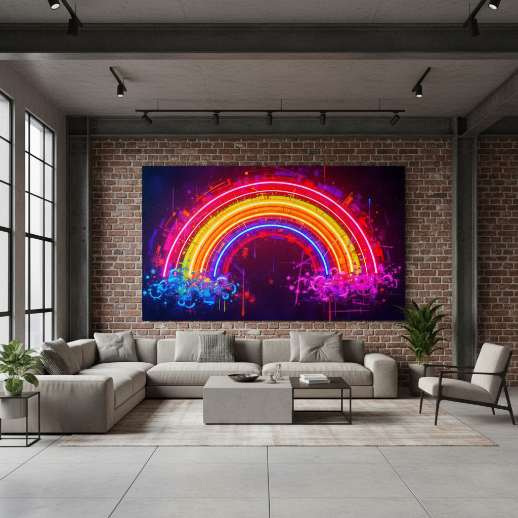 Neon rainbow mural on acrylic glass – futuristic art in bright colors