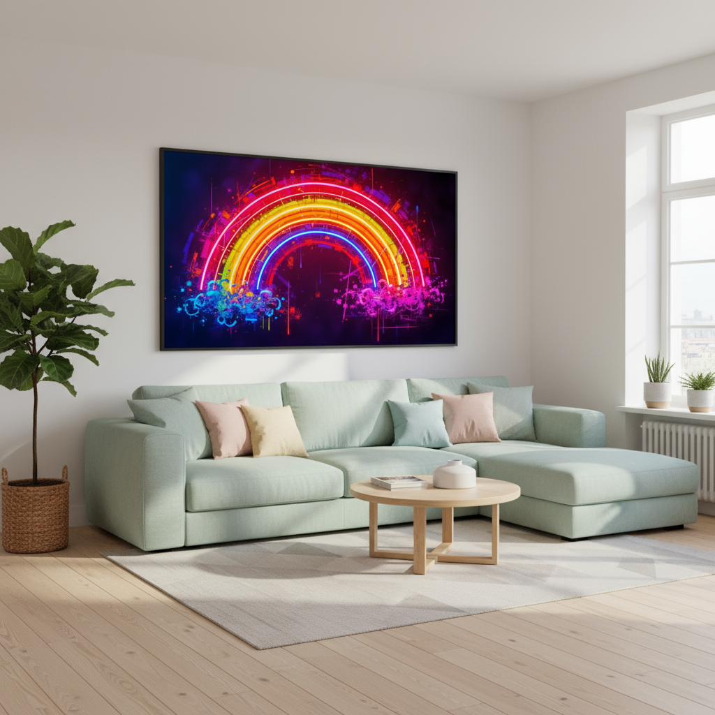 Neon rainbow mural on acrylic glass – futuristic art in bright colors