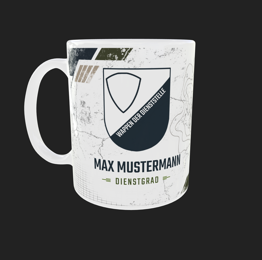 Personalisierte Keramiktasse mit Dienststellenwappen, Name und Dienstgrad