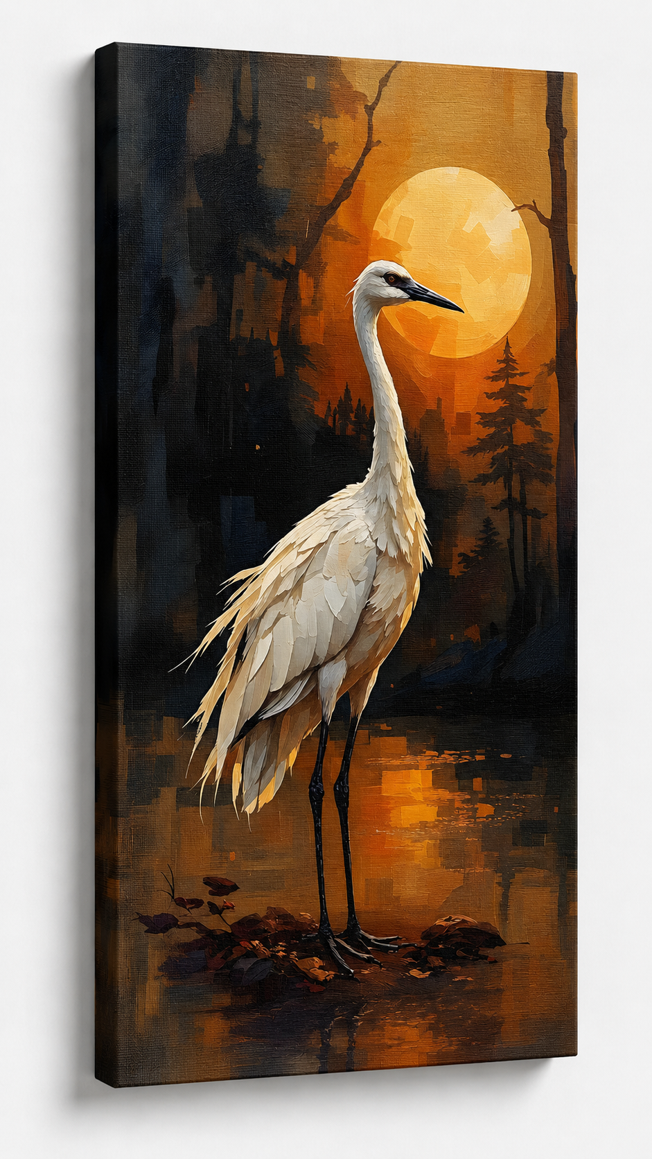 Kranich Leinwandbild – Japanische Wandkunst mit Mond | Crane Canvas Wall Art, Japandi & Zen Decor