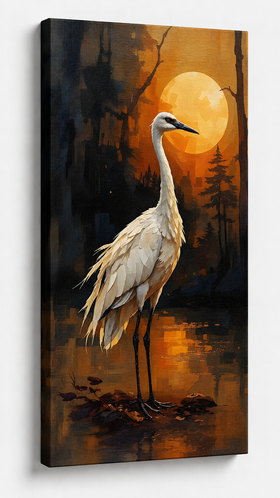 Kranich Leinwandbild – Japanische Wandkunst mit Mond | Crane Canvas Wall Art, Japandi & Zen Decor