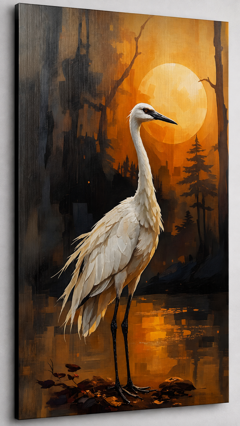 Kranich Aluminium-Dibond – Japanische Wandkunst mit Mond | Crane Metal Wall Art, Japandi Decor
