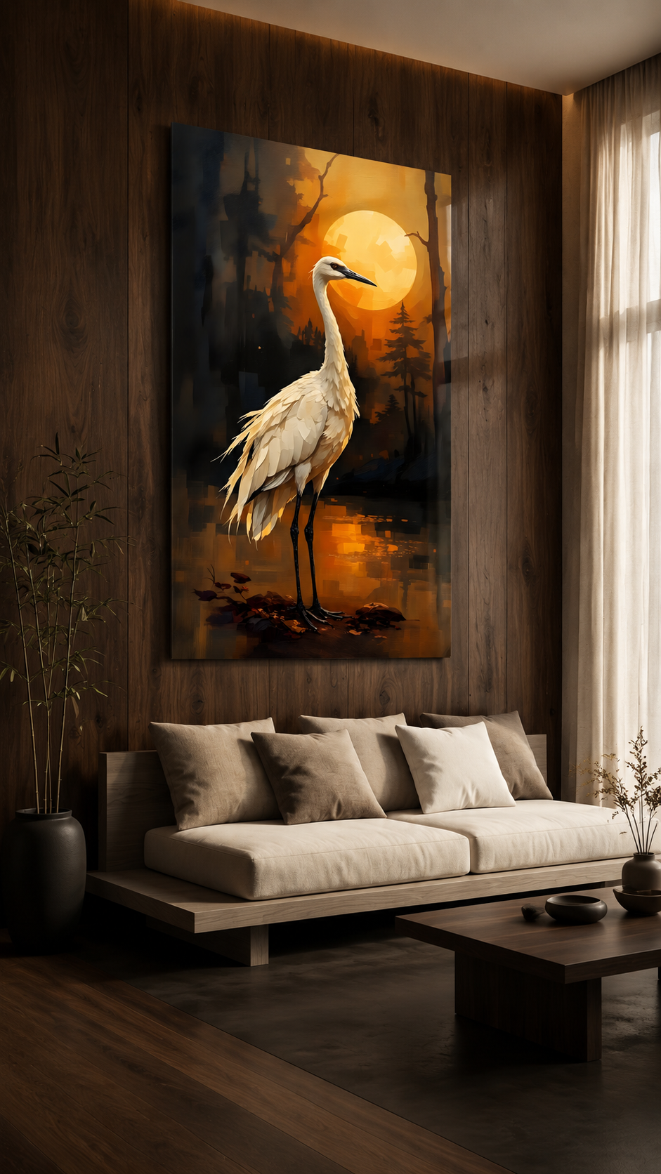 Acrylglasbild Kranich im Abendlicht in einem dunklen Zen Japandi Wohnzimmer