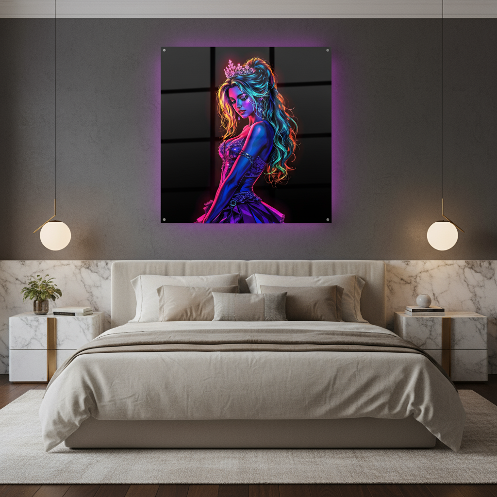 Neon Königin – Glamouröse Fantasy Kunst als Acrylglasbild in leuchtenden Farben