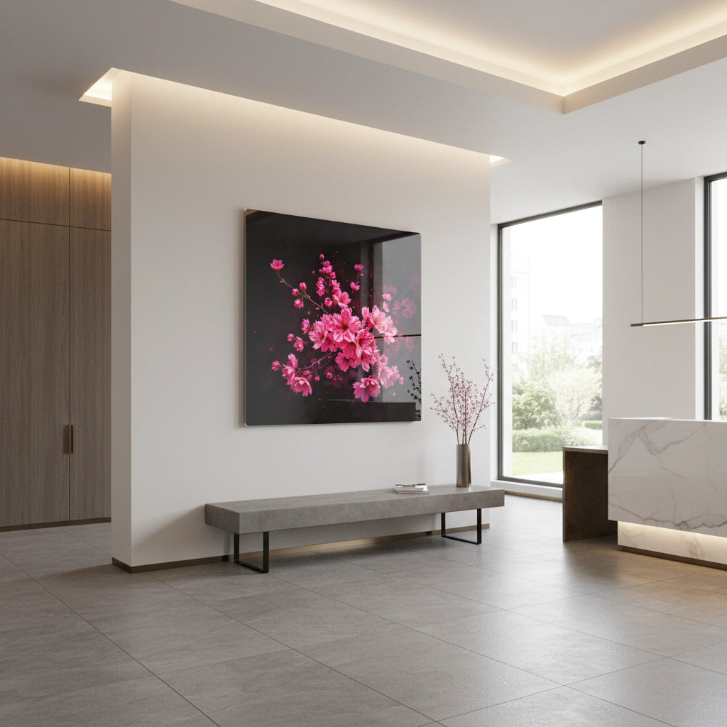 Acrylic wall mural cherry blossoms pink on black – modern floral artwork for living room &amp; bedroom