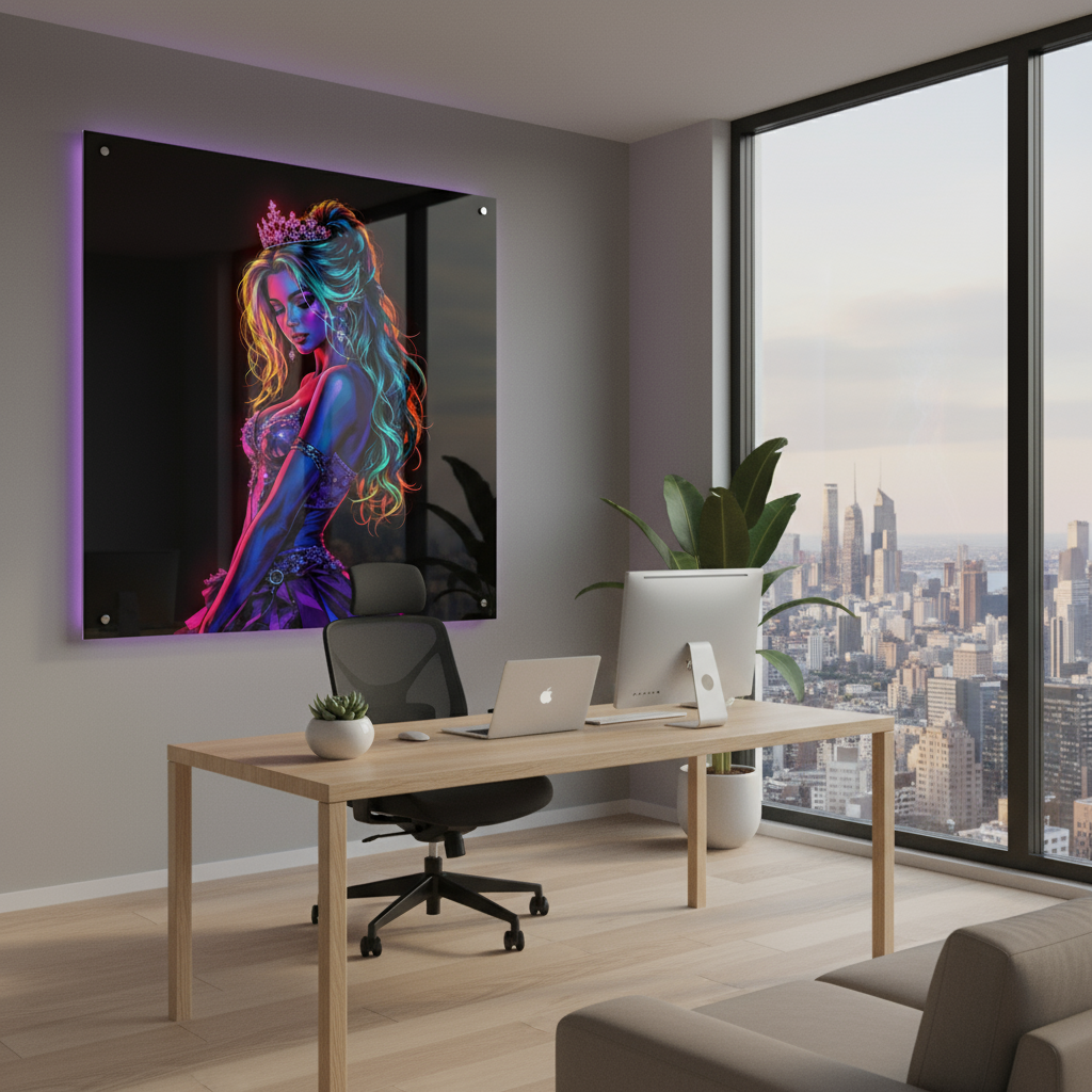 Neon Königin – Glamouröse Fantasy Kunst als Acrylglasbild in leuchtenden Farben