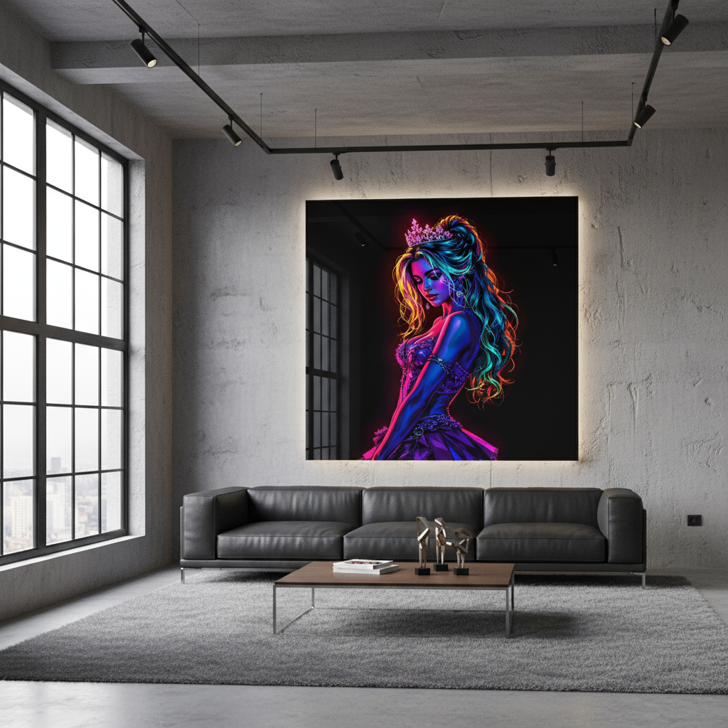 Neon Königin – Glamouröse Fantasy Kunst als Acrylglasbild in leuchtenden Farben