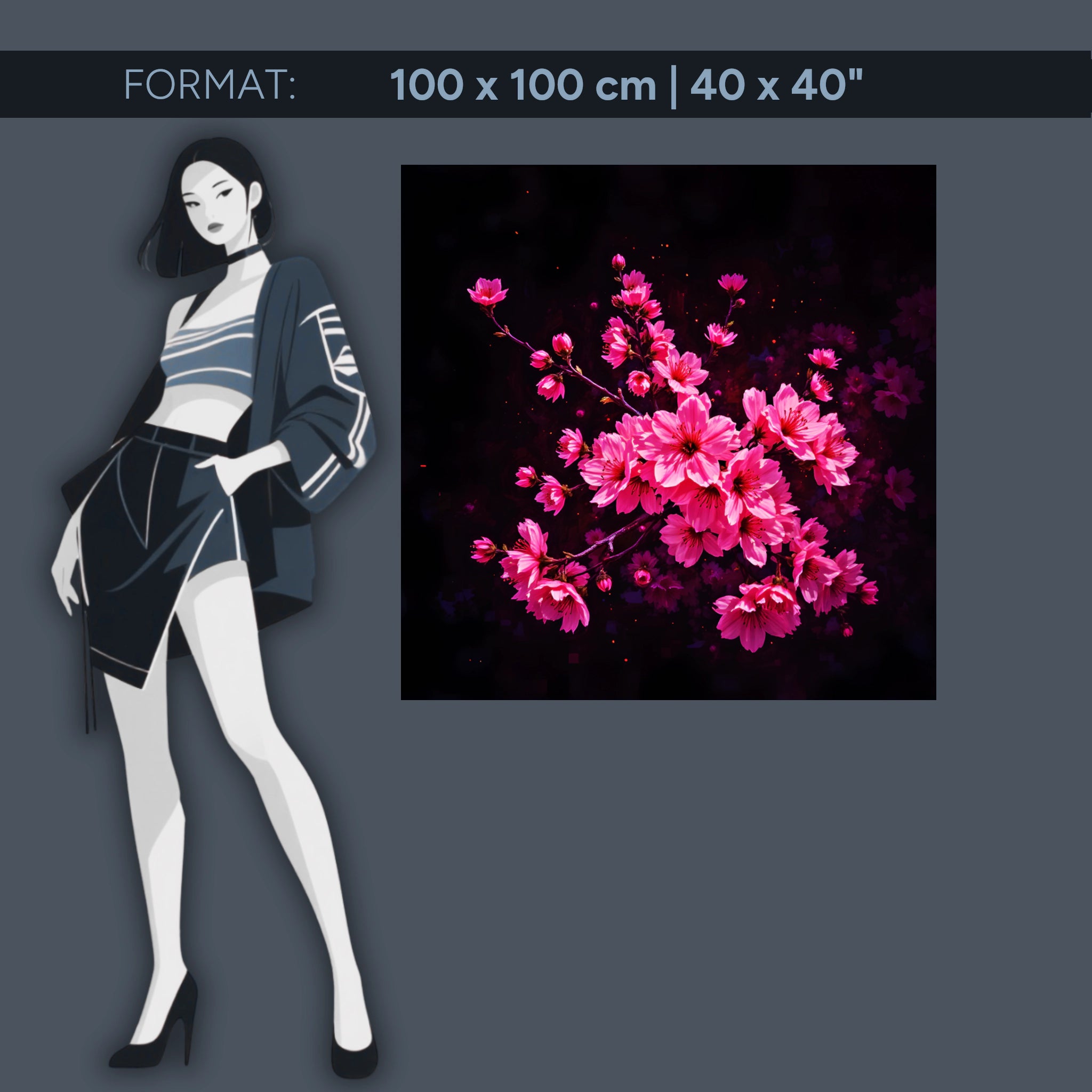Acrylic wall mural cherry blossoms pink on black – modern floral artwork for living room &amp; bedroom