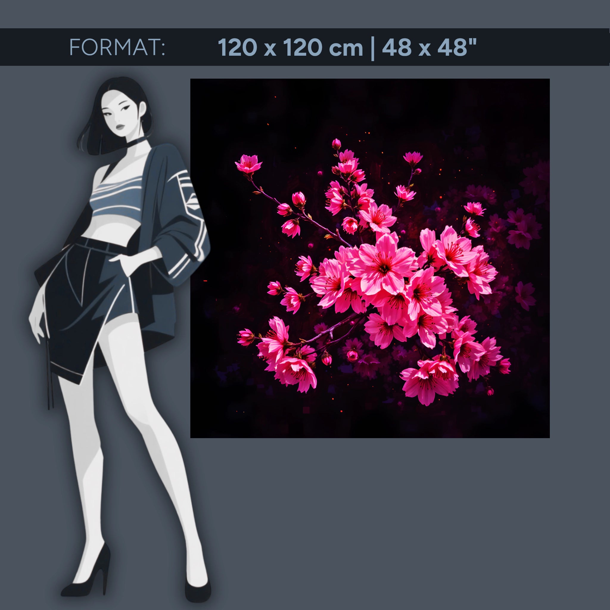 Acrylic wall mural cherry blossoms pink on black – modern floral artwork for living room &amp; bedroom