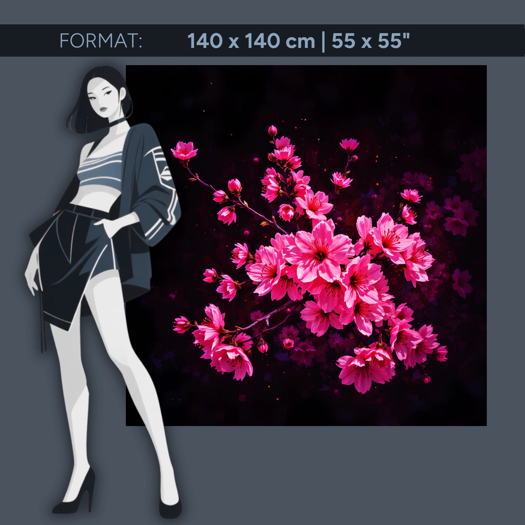 Acrylic wall mural cherry blossoms pink on black – modern floral artwork for living room &amp; bedroom