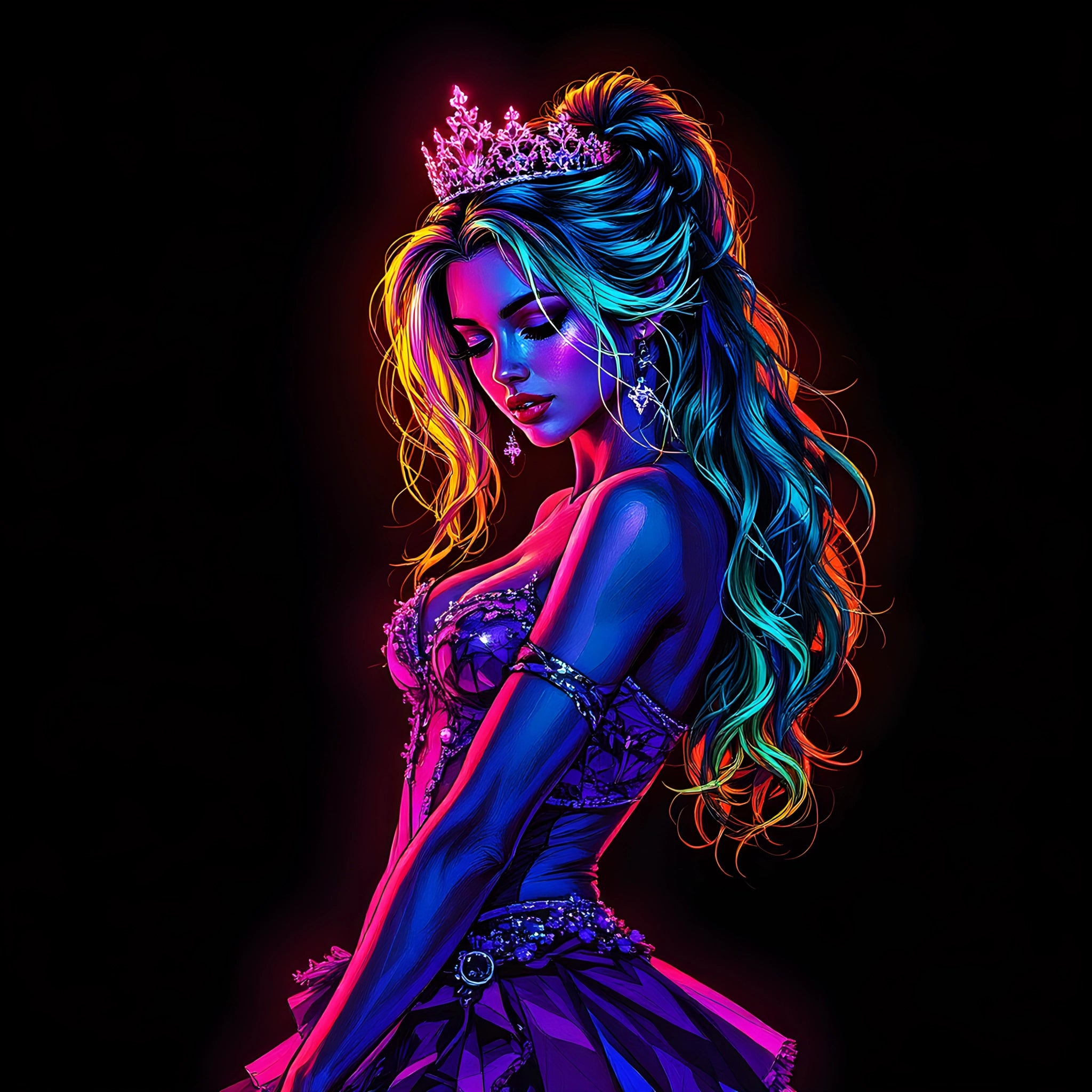 Neon Königin – Glamouröse Fantasy Kunst als Acrylglasbild in leuchtenden Farben