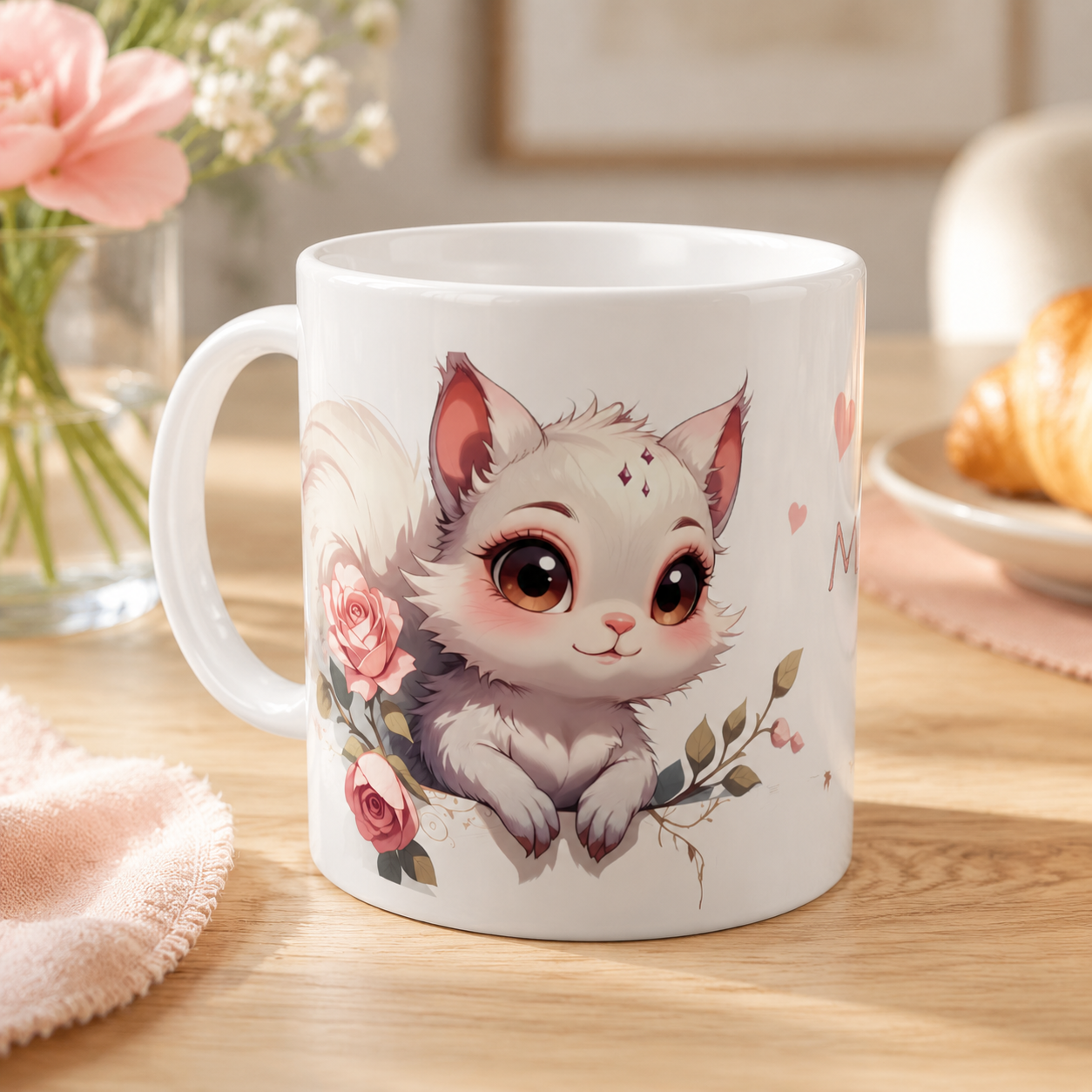 Personalisierte Eichhörnchen-Keramiktasse mit Rosen in einem hellen Frühstücksambiente