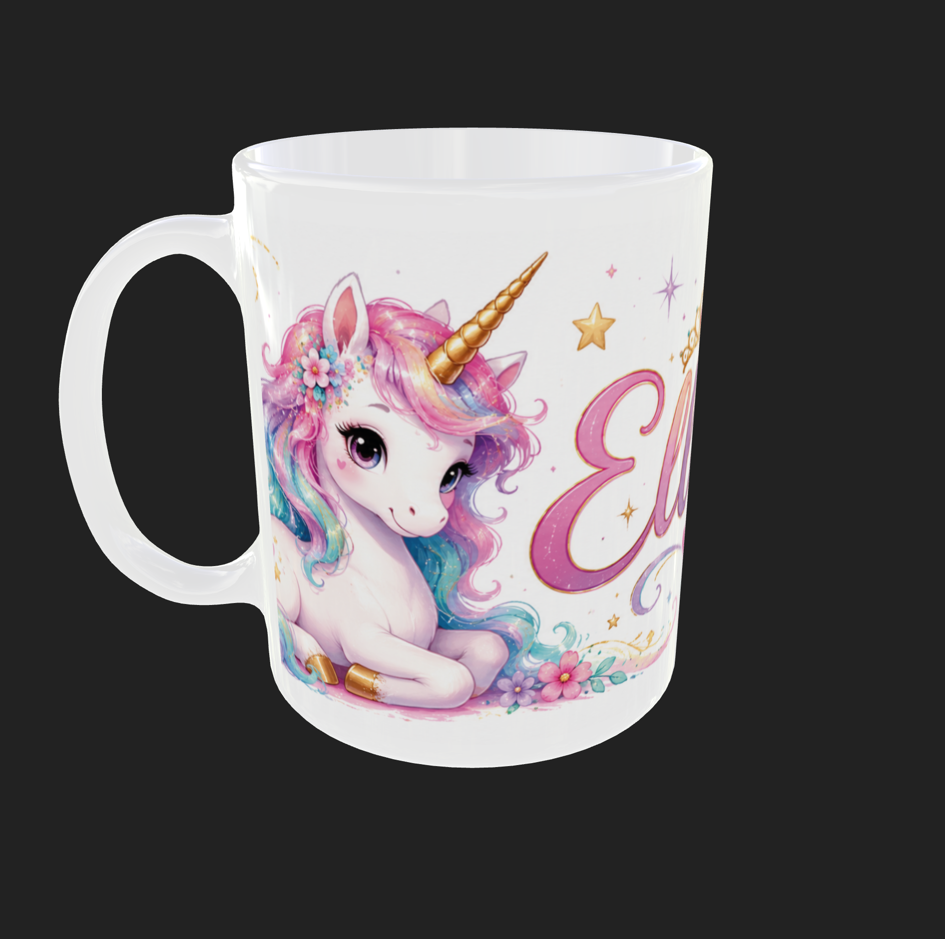 Personalisierte Keramiktasse mit weißem Einhorn, pastellfarbener Mähne und Wunschname