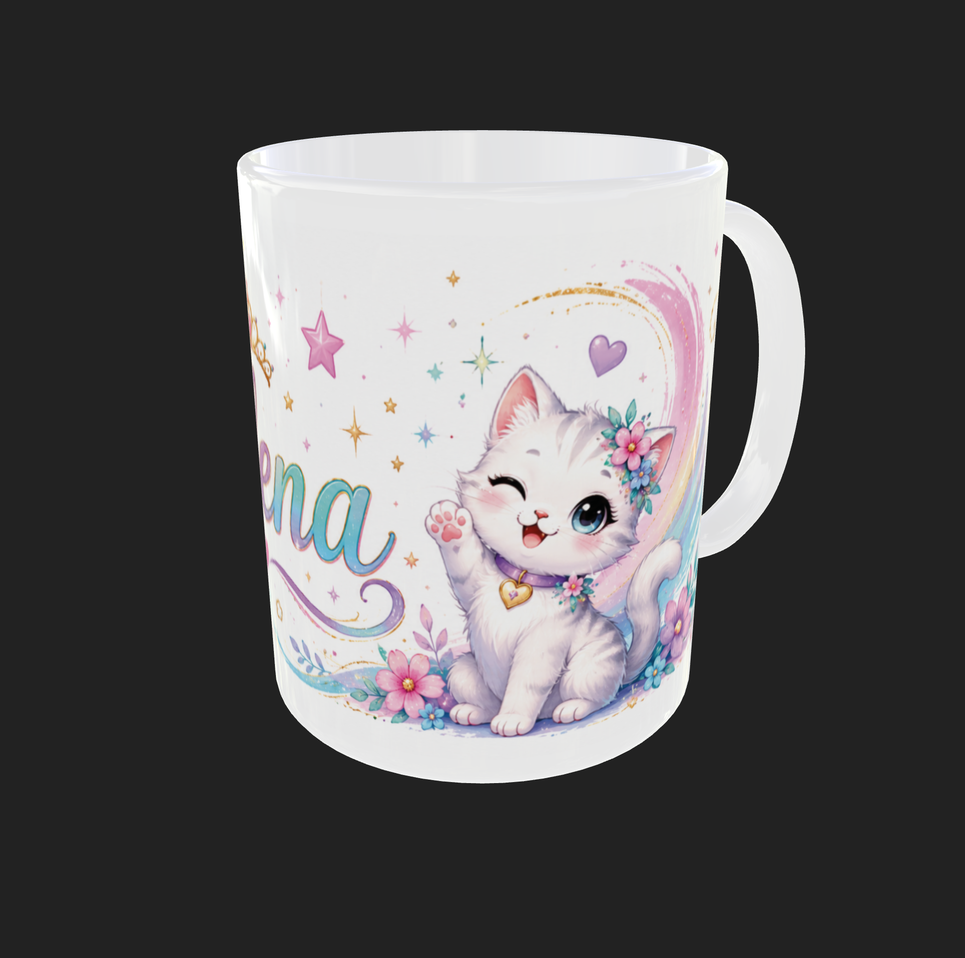 Personalisierte Keramiktasse mit weißem Kätzchen, Blumen, Sternen und Wunschname
