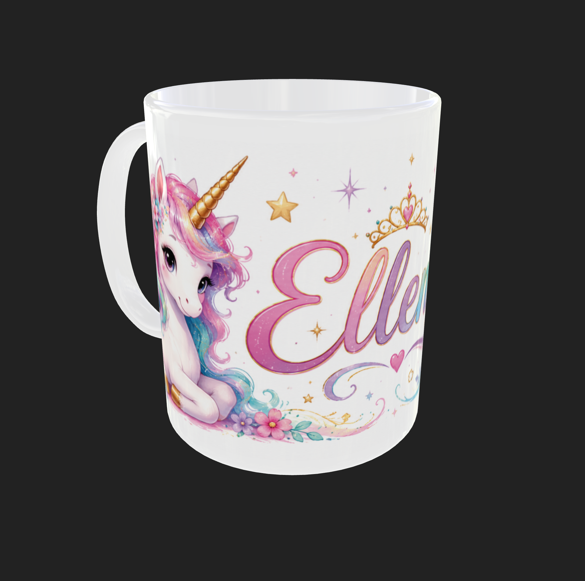 Personalisierte Einhorn-Keramiktasse mit dem Beispielnamen Ella